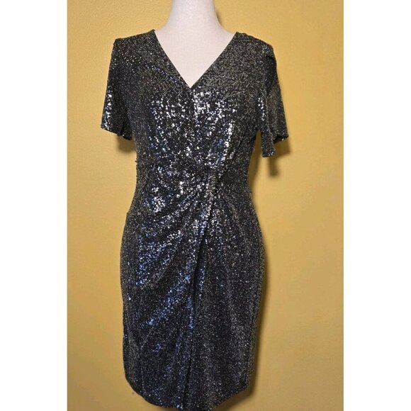 Women's JM Studios by John Meyer Silver Sequin Short Sleeves Knee Dress Size 14 - Picture 1 of 5